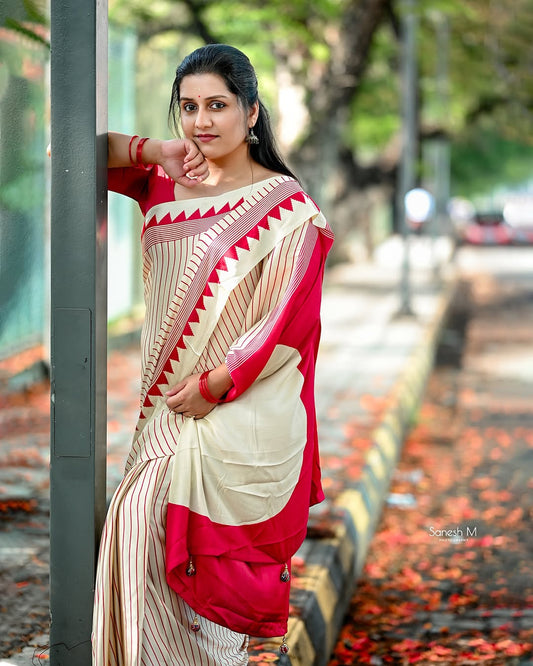 EXCLUSIVE PINK TEMPLE BOREDR STRIPE AJRAKH SAREE