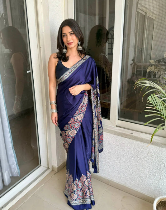 Purple Ajrakh Printed Saree