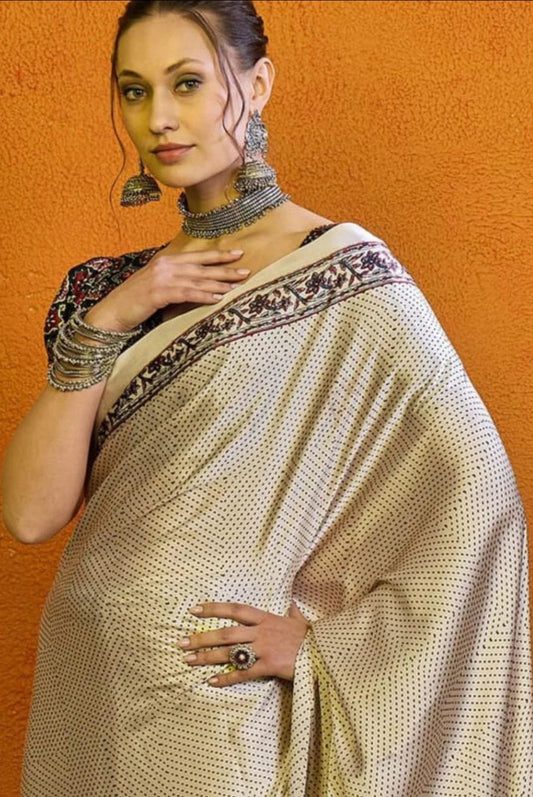 Exclusive Cream Ajrakh Printed Crape Silk Saree