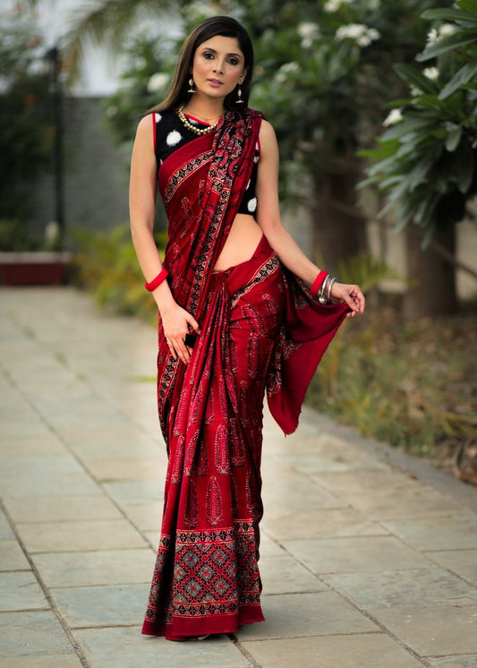 EXCLUSIVE MAROON COLOR AJRAKH SAREE