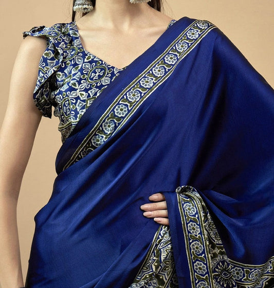 BLUE ELEPHANT PRINTED AJRAKH SAREE