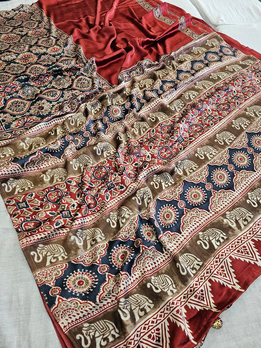 MAROON ELEPHANT PRINTED AJRAKH SAREE