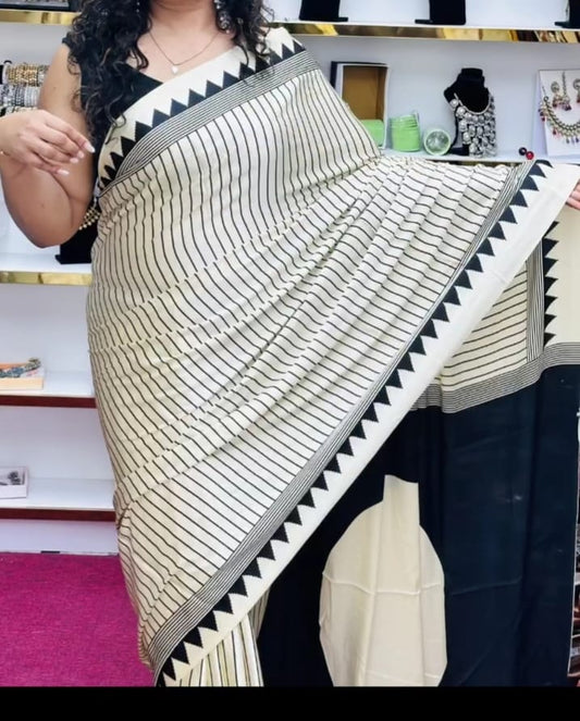 WHITE BINDI TEMPLE BORDER AJRAKH SAREE