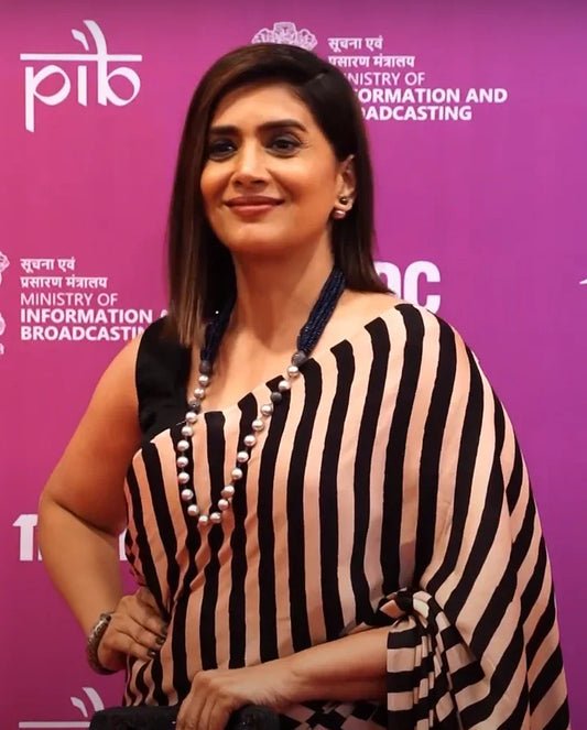 Black & Cream Modal Silk Ajrakh Strip Print Saree With Unstitched Blouse Piece